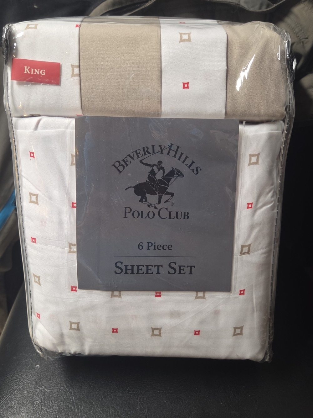 Beverly Hills Polo Club White Sheet Set with Tan & Red Motifs - King